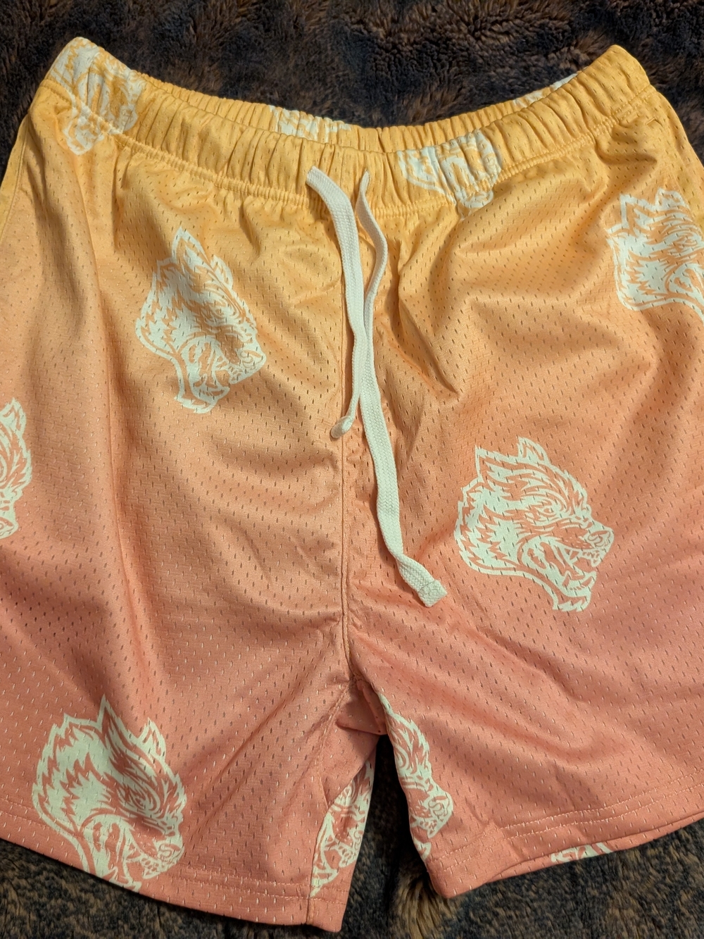 Darc Sport Yellow to Coral Gradient Athletic Shorts with White Wolf Print